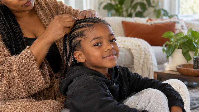 Black mother braiding her young daughter's hair at home, smiling child with cornrow braids during a loving family hair care and bonding moment