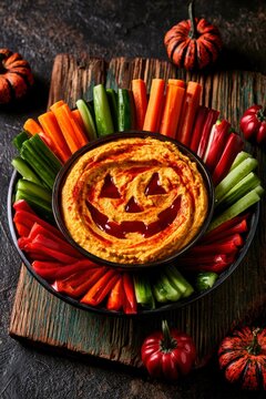 Halloween hummus dip with jack-o-lantern face and vegetable sticks on a rustic wooden board for seasonal party catering and healthy food marketing