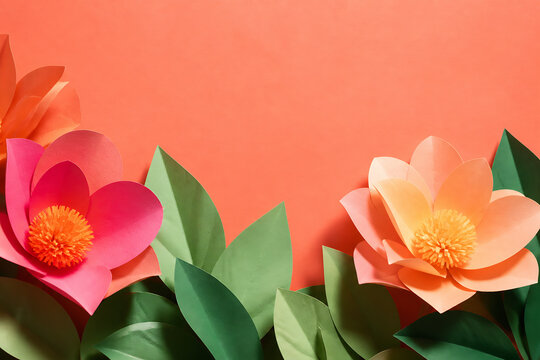 Vibrant paper flowers and green leaves are arranged along the bottom edge against a solid orange background.