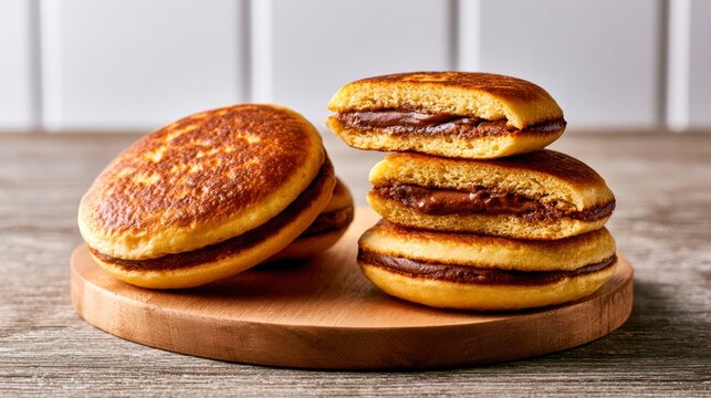 Dorayaki pancakes stacked on a wooden board in a rustic kitchen setting with soft side lighting for dessert menu branding and cafe marketing