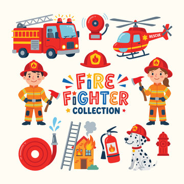 Cute Children Firefighter Character And Rescue Equipment Collection