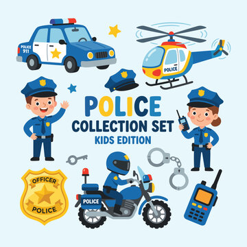 Cute Children Police Officer Character And Patrol Equipment Bundle