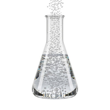 Clear glass erlenmeyer flask with bubbling liquid for scientific experiment isolated on white background