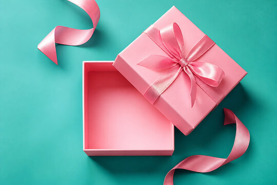 A pink gift box and an open pink box with ribbons are displayed on a teal background.