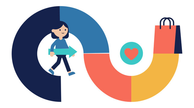 Woman walking through a business journey process toward shopping with customer path consumer behavior retail funnel
