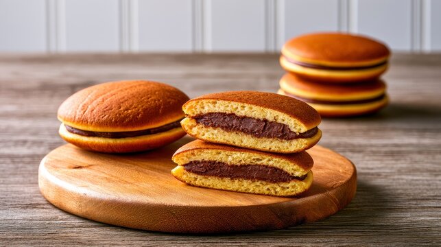 Japanese dorayaki pancakes filled with red bean paste on a wooden platter in a sharp macro shot for authentic asian bakery marketing