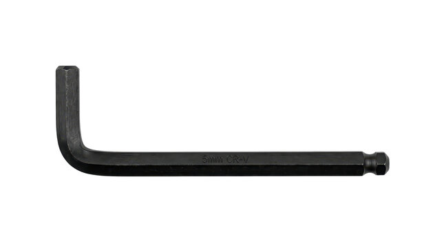 L-shaped hex key wrench with ball end on transparent background. Hand tool for tightening and loosening hex socket fasteners. Workshop maintenance and equipment repair. Hardware tool