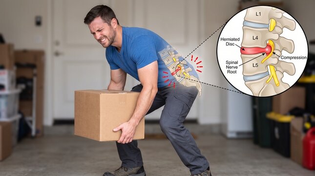 Man experiencing herniated disc pain while lifting heavy box