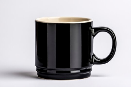Black ceramic mug standing on a white surface with a glossy finish in a minimalist studio shot for coffee shop branding and kitchenware marketing