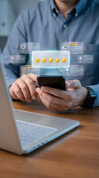 Man holding a smartphone and giving a five star customer rating with glowing feedback testimonial cards in an office environment