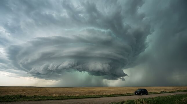 Rotating supercell storm over a golden wheat field with an SUV parked on a gravel road