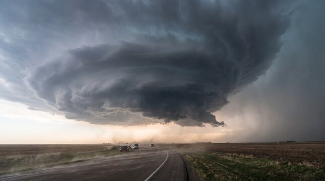 Storm chasers' cars stopped on a dusty highway beneath a supercell at sunset