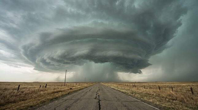 Empty road beneath swirling storm clouds