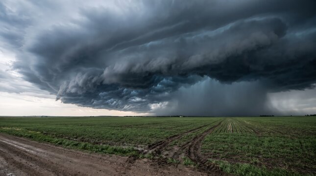 Heavy thunderstorm rain falling over green farmland crossed by muddy tire tracks