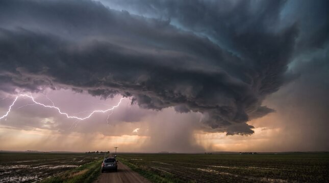 Car beneath lightning and storm clouds