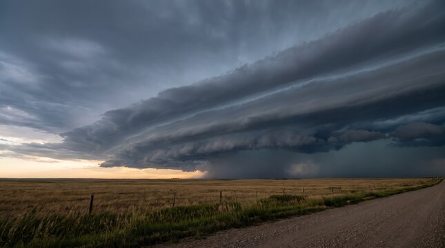 Layered shelf cloud stretching across golden prairie beside a gravel road at dusk