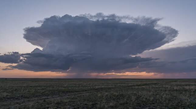 Isolated cumulonimbus cloud spreading a wide anvil over grassland at twilight