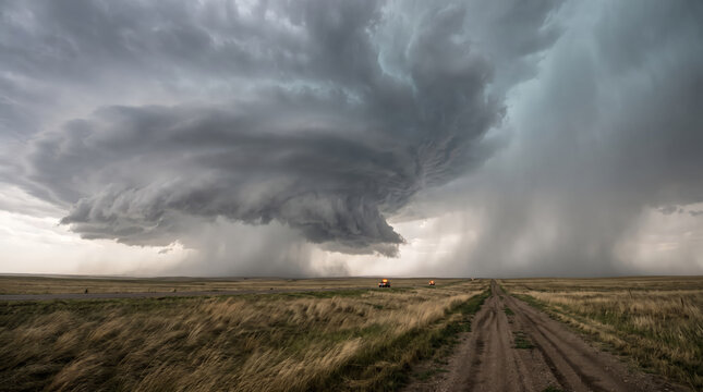 Storm clouds over a farmland road