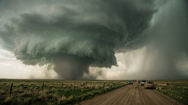 Storm chaser filming a tornado touching down from a muddy dirt road beside parked SUVs