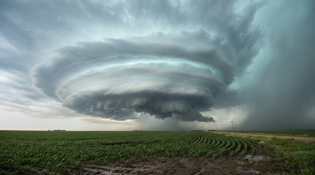Striated mothership thunderstorm hovering above rows of young corn