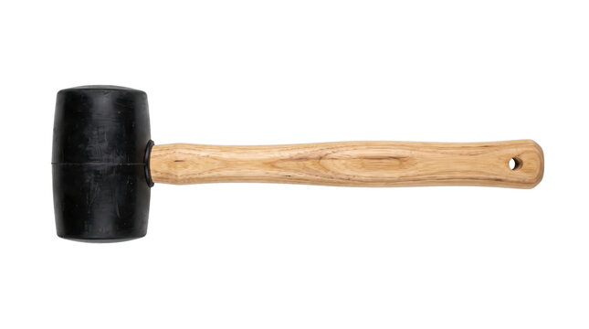Black rubber mallet with wooden handle on transparent background. Woodworking, assembly and repair hand tool. DIY workshop and construction equipment. Controlled striking and material