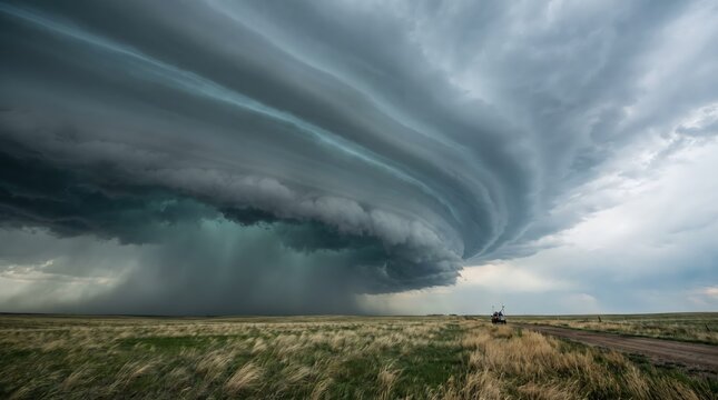 Storm chase vehicle fitted with antennas driving under a striated supercell