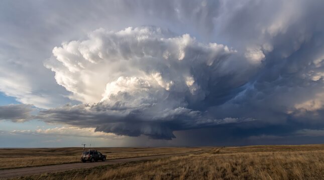 Vehicle beneath towering storm clouds
