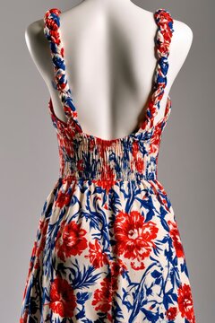 Sleeveless floral summer dress with braided straps and smocked waist detail shown from behind for apparel catalog and retail advertising