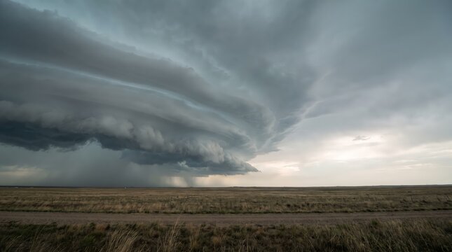 Layered storm clouds over grassland