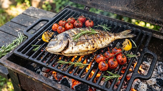 Grilled whole sea bream with tomatoes and rosemary on BBQ