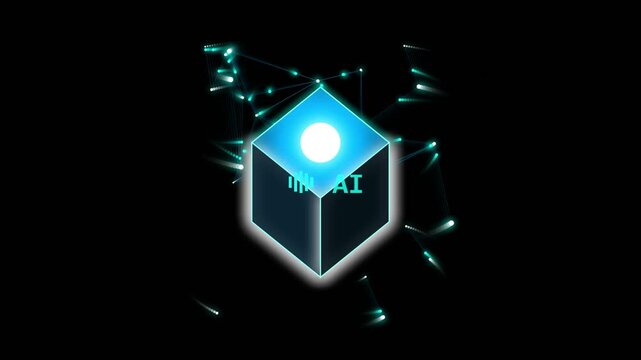 Isometric 3D Cube With Glowing Artificial Intelligence Core And Digital Particle Data Streams For Modern Computing, Software Development, And Futuristic Network Technology Presentation.