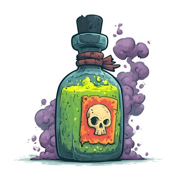 Cartoon bottle of toxic green liquid with skull and crossbones warning label and purple smoke