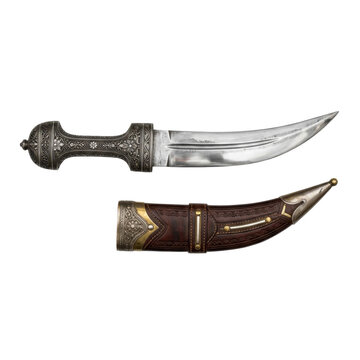 Ornate curved dagger with detailed metalwork on handle and sheath. Antique Islamic weapon with leather scabbard.