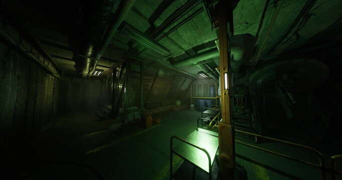 narrow ventilation shaft corridor with ductwork and drifting mist, tense atmosphere, ladder access and shadowed corners, recon path imagined for safety audit,