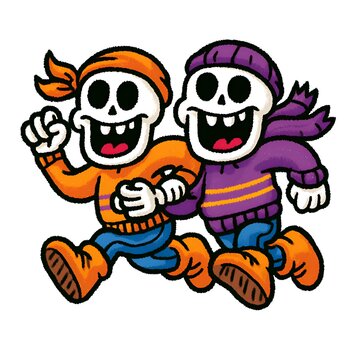 Two cartoon skeletons running and smiling in colorful winter clothes