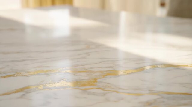60 FPS Slow pan across glossy white marble countertop with gold veining in warm sunlight