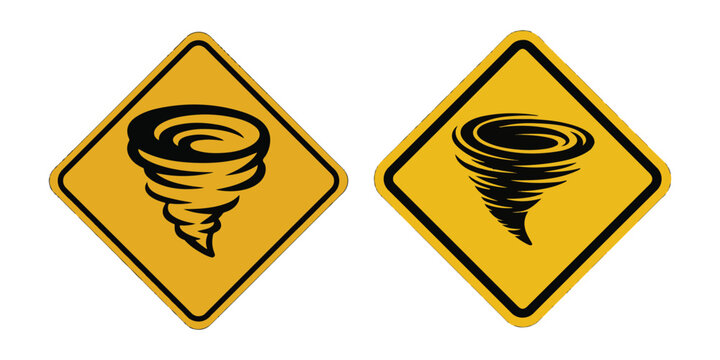 Danger tornado sign yellow diamond with black hurricane symbol for severe weather warning.