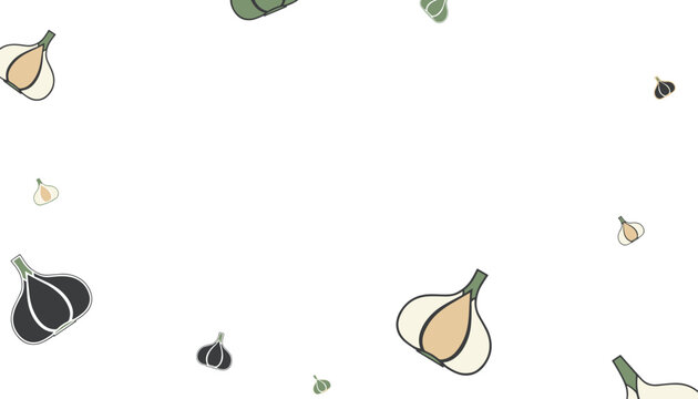 Garlic cloves and bulbs falling down against a plain white background creating a fresh vegetable pattern.