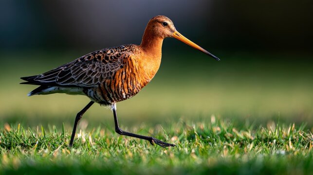Black-tailed godwit walking across a green meadow during golden hour in a sharp focus shot for wildlife conservation and nature editorial branding