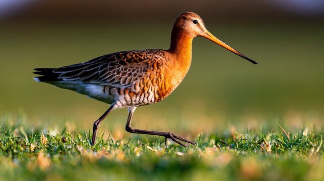 Black-tailed godwit walking through a grassy field in golden hour light with sharp focus for wildlife conservation and nature marketing