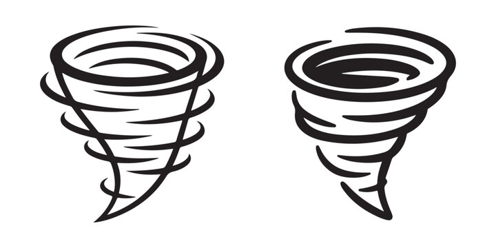 Two tornado icons featuring black swirling wind patterns ideal for weather forecast graphic design.