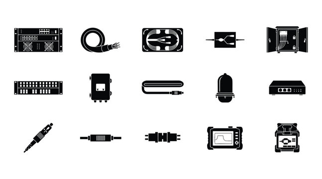 Set of black silhouette icons representing various fiber optic network equipment cables distribution boxes connectors splicing tools and server rack components