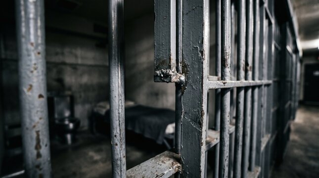 Inside a dark prison cell with metal bars and a locked door.