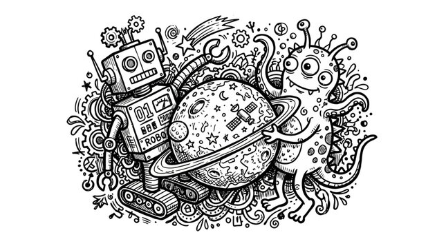 Cute Robot and Alien with Planet in Doodle Space Art