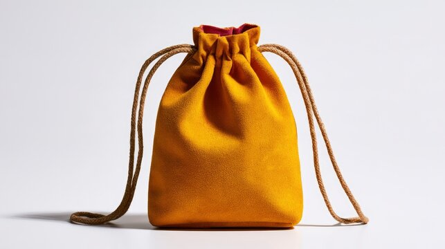 Yellow suede drawstring pouch closed with rope cord on white background in a sharp macro shot for jewelry packaging and boutique gift branding