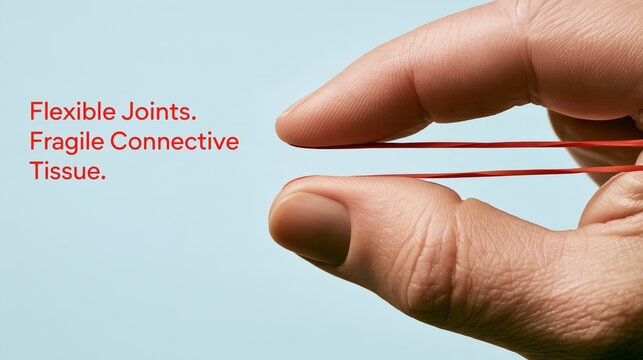 Wide banner of a stretched rubber band between two fingers on pastel blue background, minimal sans-serif text "Flexible Joints. Fragile Connective Tissue." 