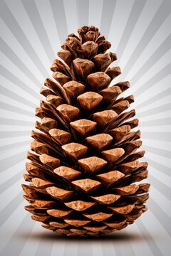 Pine cone standing vertically on a radial grey sunburst background in a sharp macro studio shot for winter holiday marketing and botanical branding
