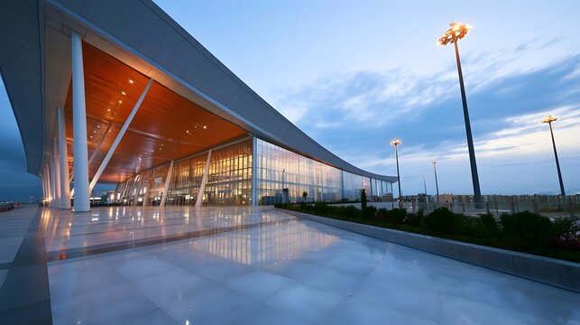 Modern airport terminal building with glass facade and illuminated canopy at twilight  reflecting on wet pavement under tall lights