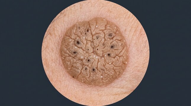 Dermoscopic macro view of benign seborrheic keratosis showing characteristic comedo-like openings