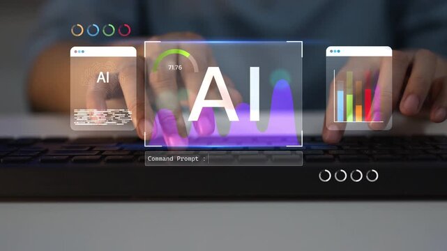 Hands typing keyboard with motion AI analytics dashboard, charts and command prompt interface, artificial intelligence, data analysis, digital agency, automation and business technology innovation.